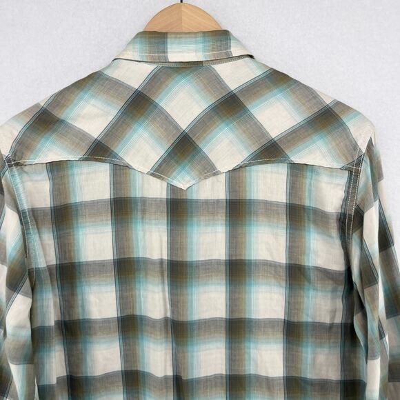 LUCKY BRAND Shirt Mens M Plaid Pearl Snap Front Western Double Layer Cotton Gray - Picture 6 of 15